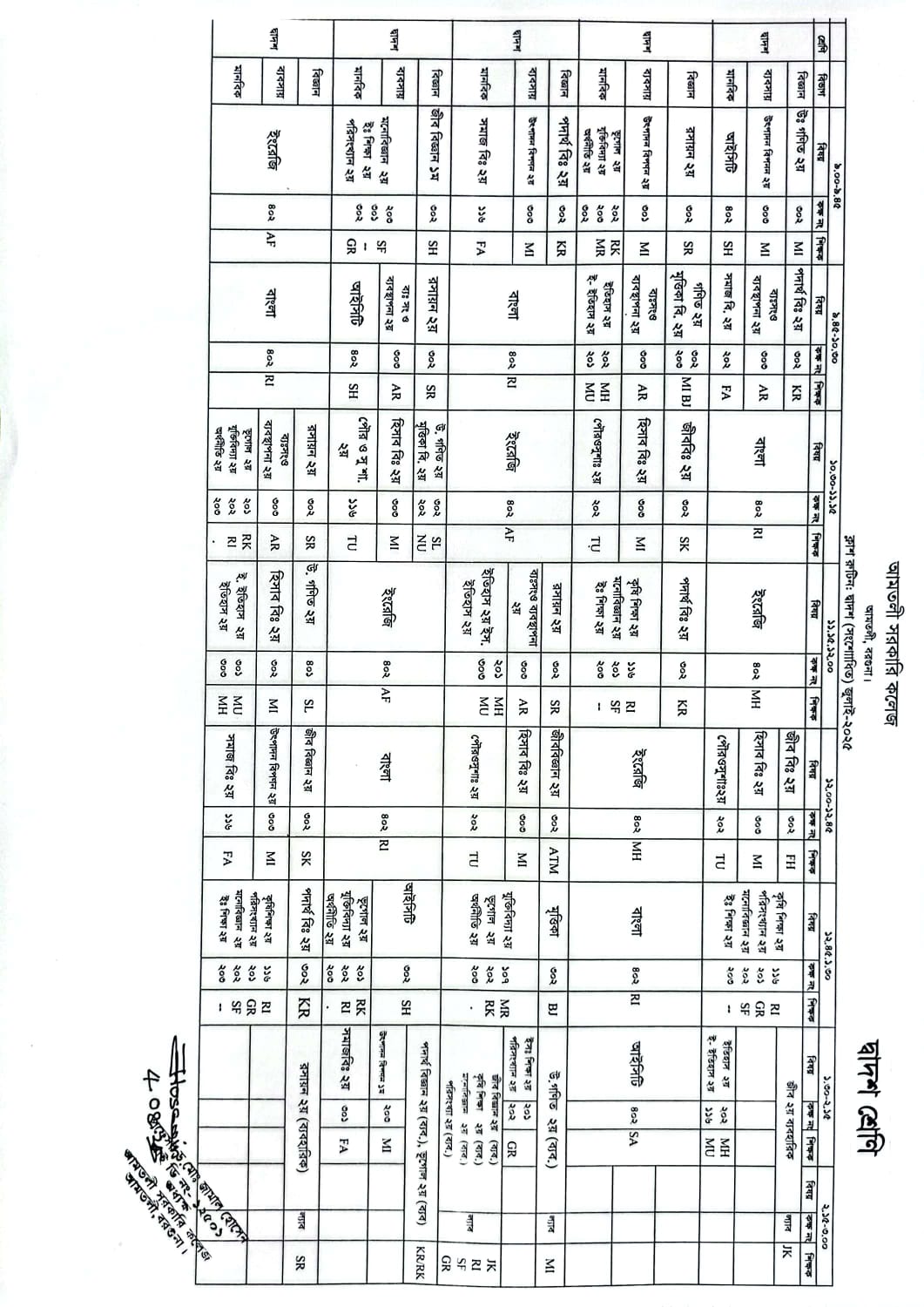 দ্বাদশ শ্রেণির ক্লাস রুটিন